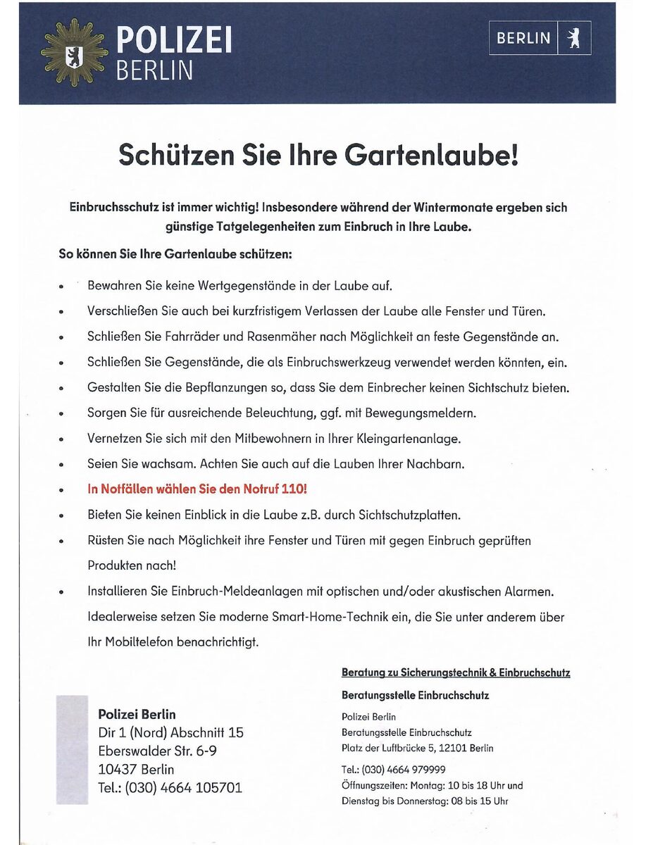Aushang der Polizei Berlin: Schützen Sie Ihre Gartenlaube!